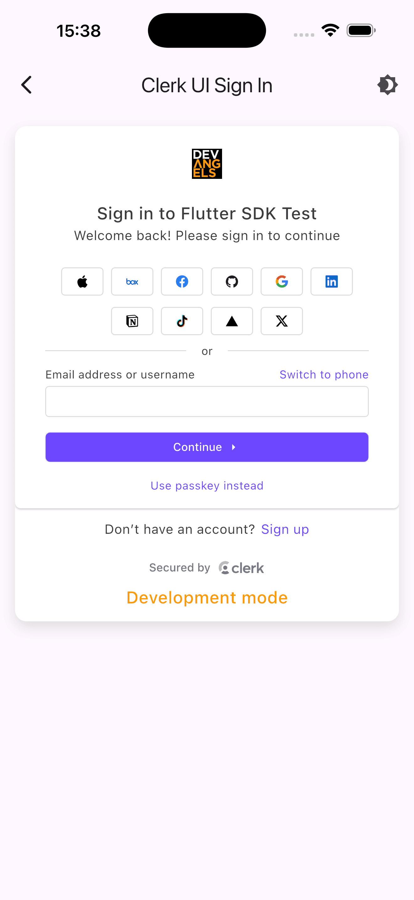 The ClerkAuthentication widget renders a comprehensive authentication interface that handles both user sign-in and sign-up flows.
