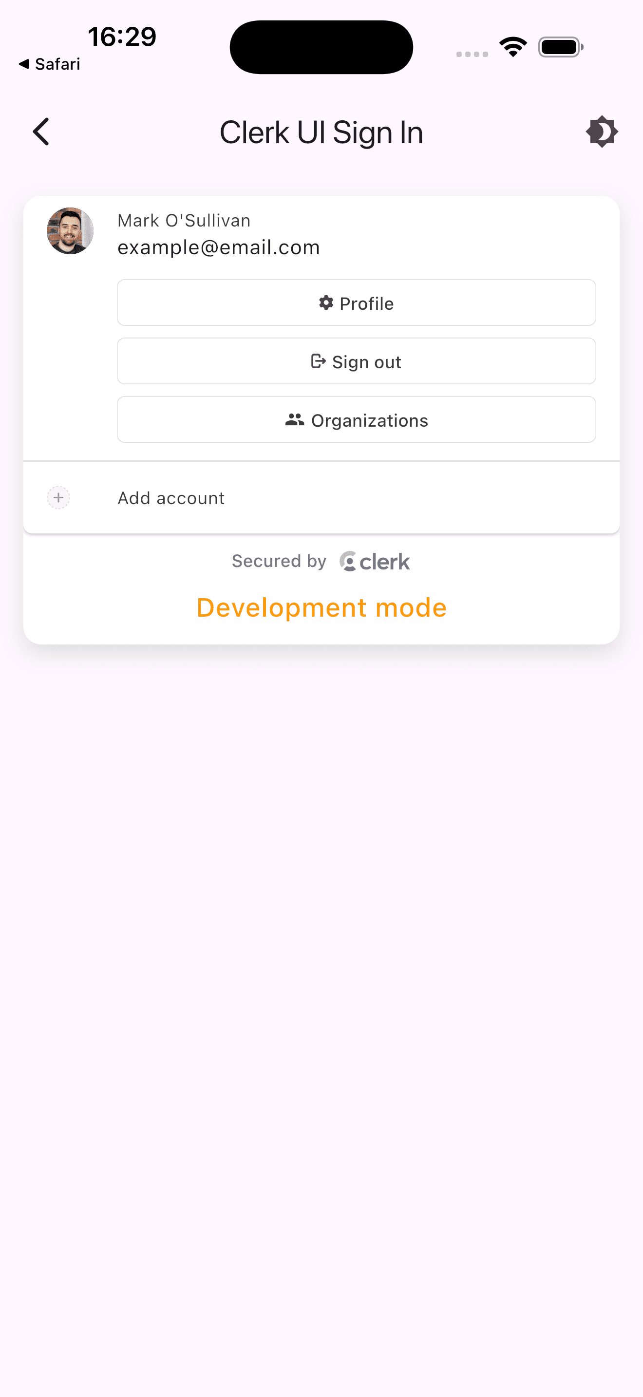 The ClerkUserButton renders a panel displaying the signed-in user's profile image, name, and account management options.